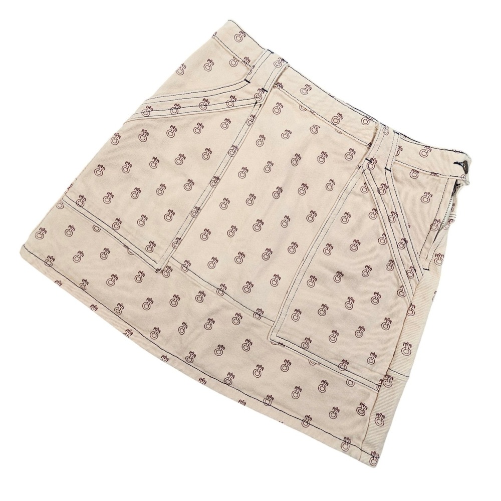 Garden of Angels Monogram‎ Denim Mini Skirt Tan Beige Cotton Streetwear Size L